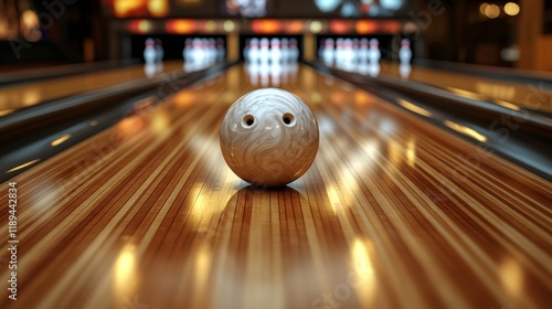 Red bowling ball rolling down wooden lane in a bowling alley at night photo