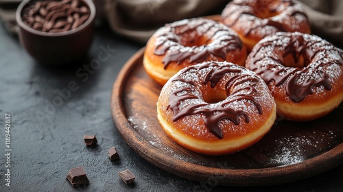 Freshly baked chocolate drizzled donuts on a plate at a cozy cafe