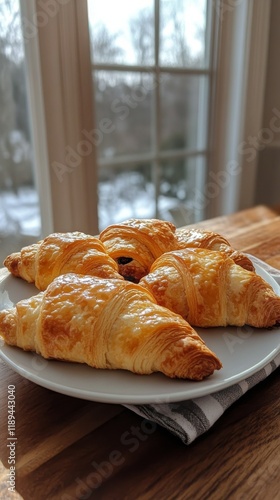 Freshly baked croissants on a white plate near a window with natural light