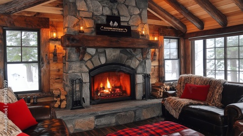 Cozy winter retreat features a warm fireplace and comfortable seating in a mo...