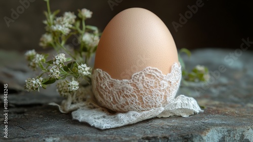 Delicate brown egg resting on lace fabric enhances rustic charm in natural light