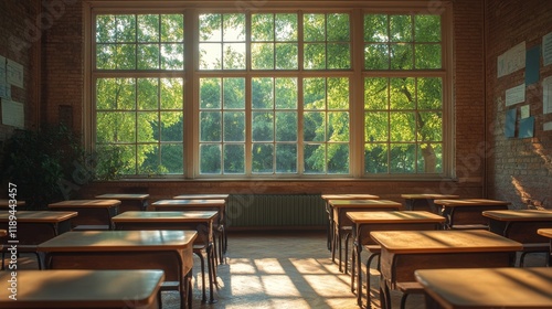 Sunlight streaming through large windows in a spacious classroom setup for le...