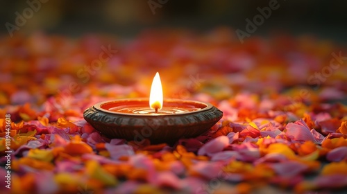 Beautiful diya lit among vibrant orange flower petals for festival celebration