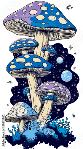 Colorful fantasy mushrooms with vibrant blue and purple tones set against a starry cosmic background shrooms art 