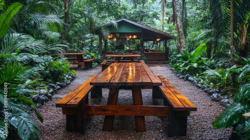 Wooden picnic table surrounded by lush greenery in a tranquil park setting