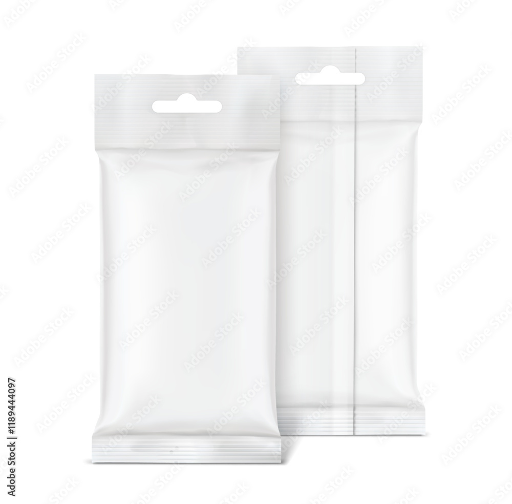 Realistic white pillow bag with hang slot mockup. Vector illustration isolated on white background. Easily can with placed your product, to create a realistic presentation. EPS10. Realistic white pillow bag with hang slot mockup. Vector illustration isolated on white background. Easily can with placed your product, to create a realistic presentation. EPS10.