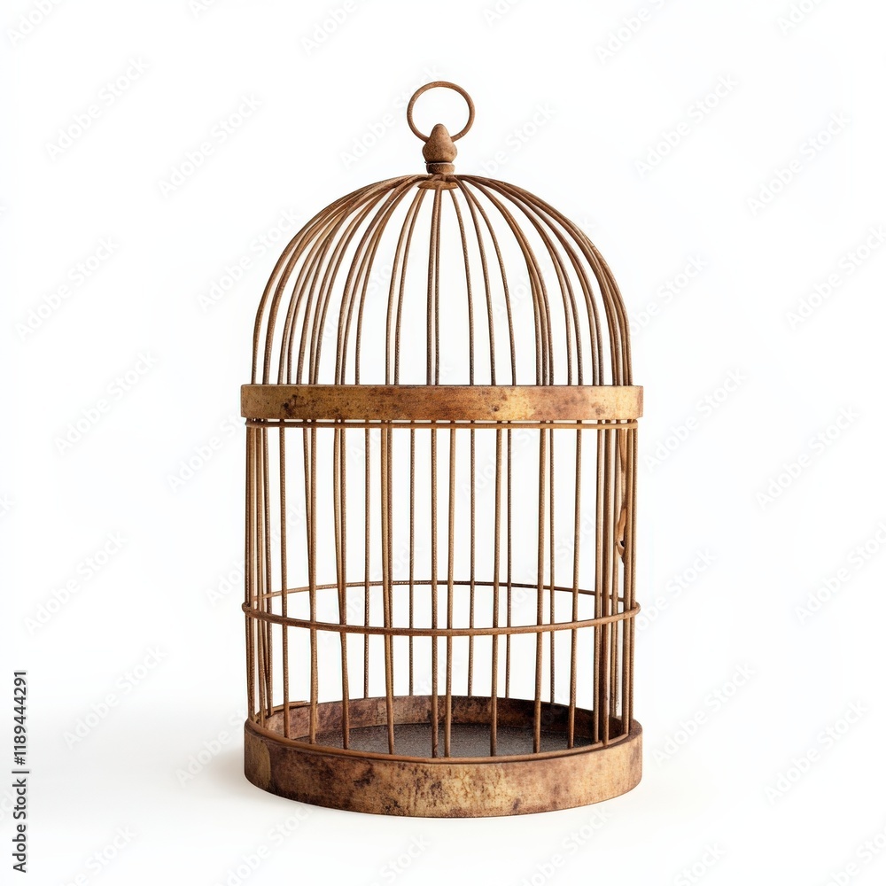 a brown empty metal birdcage on a white background