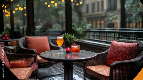 Stylish rooftop bar with city skyline at sunset in an urban setting