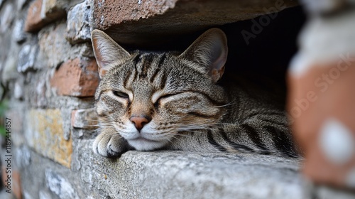 Cozy tabby cat peacefully sleeping in a soft bed at home