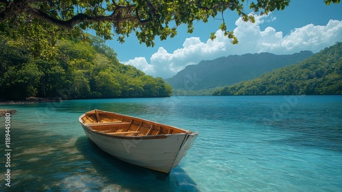 Serene coastal view featuring a small boat anchored by a crystal clear beach