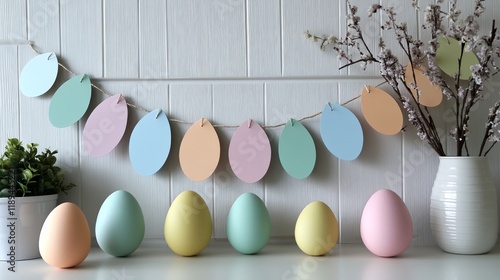Decorative pastel eggs and garland on a shelf for spring celebration