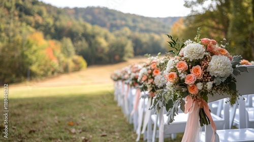 Elegant outdoor wedding ceremony setup surrounded by autumn foliage and flora...