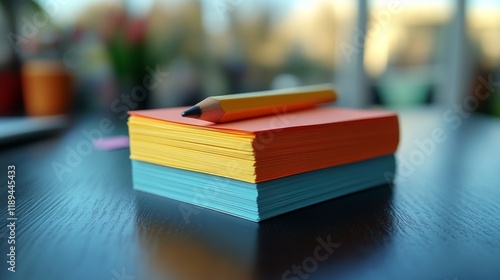 Colorful sticky notes stacked on a wooden table with a pencil placed on top