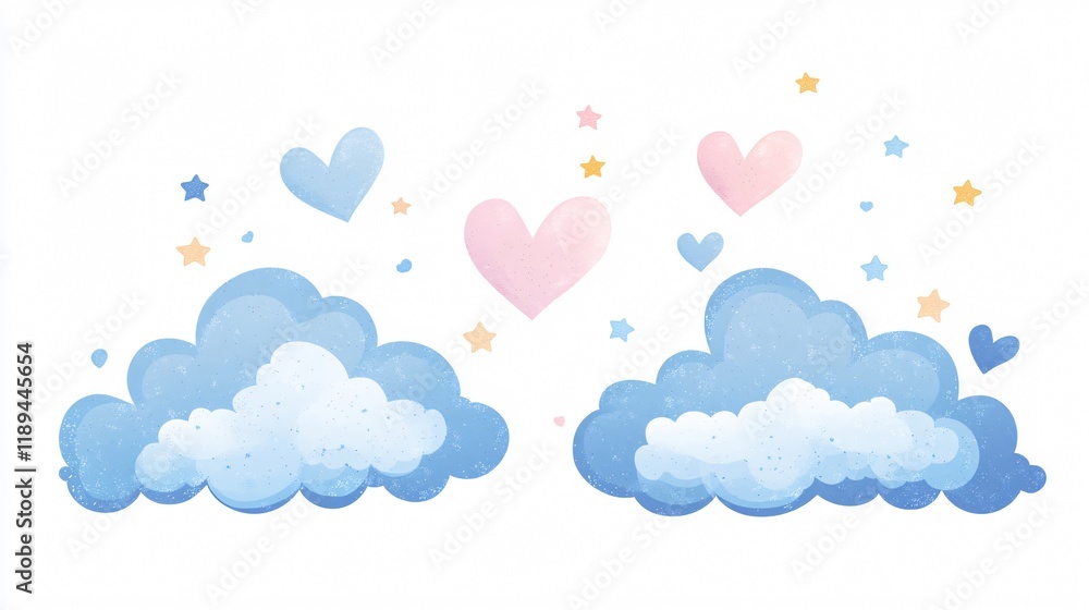 Whimsical Fluffy Clouds with Stars and Heart Style - Unique Decorative Background Image Whimsical Fluffy Clouds with Stars and Heart Style - Unique Decorative Background Image