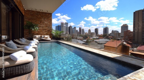 Captivating sunset over city skyline from rooftop infinity pool in a vibrant ...