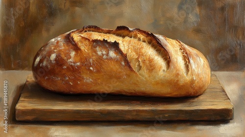 Freshly baked artisan bread loaves cooling on a wooden board in a cozy kitchen