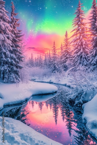 Fototapeta Naklejka Na Ścianę i Meble -  Beautiful aurora and winter landscape with snow forest.