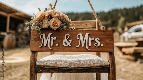 Mr and Mrs wooden sign hanging in a floral garden setting during daylight hours