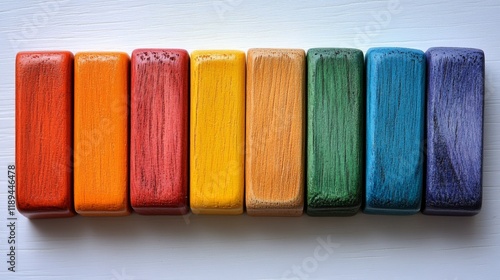 Colorful wooden blocks arranged in a line for creative play and learning acti...