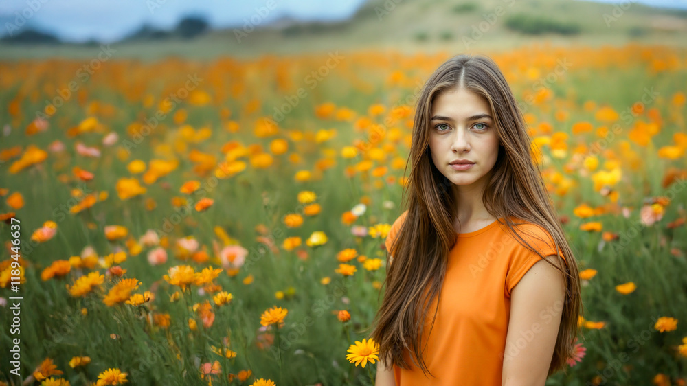 A young natural-looking female, with long brown hair and a calm expression, before a field of vibrant wildflowers A young natural-looking female, with long brown hair and a calm expression, before a field of vibrant wildflowers