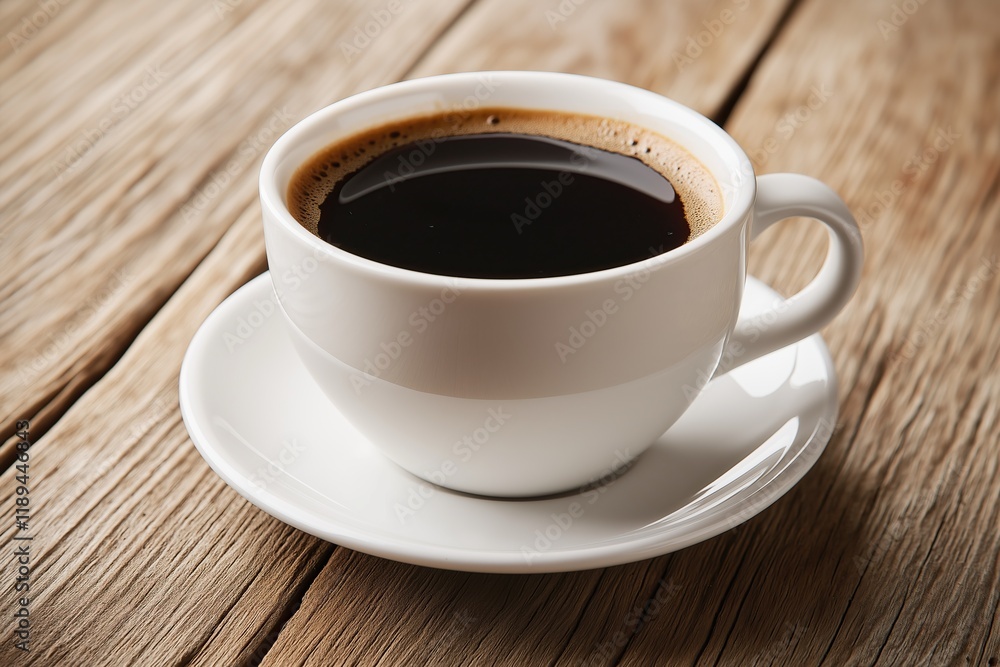 White cup filled with coffee on a wooden table White cup filled with coffee on a wooden table