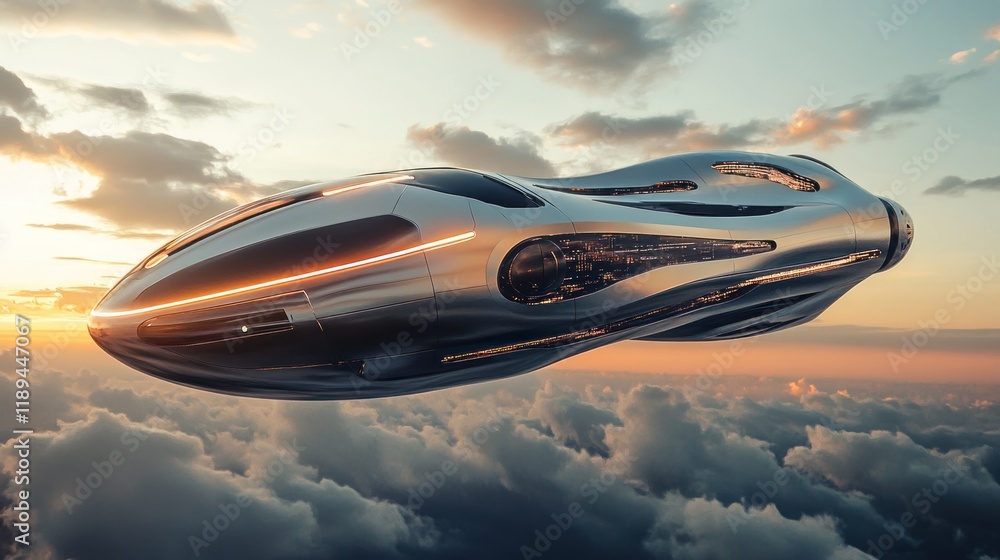 Futuristic, silver, flying vehicle above clouds at sunset. Futuristic, silver, flying vehicle above clouds at sunset.