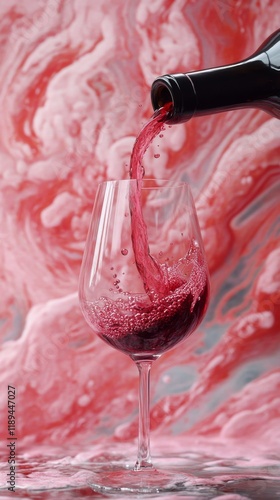 Pouring red wine into a glass with splashes creating dynamic motion on a dark...