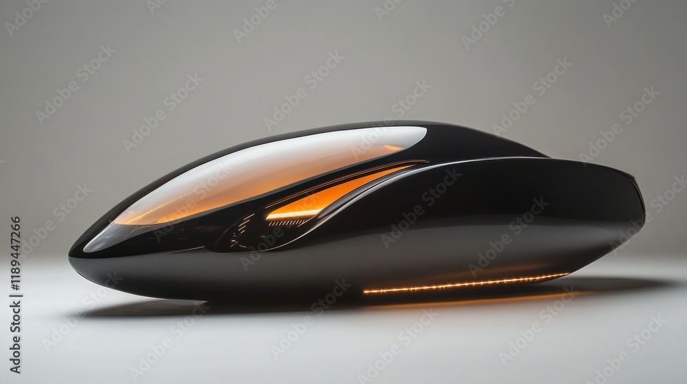 Futuristic, sleek, black, pod-like vehicle with transparent sections and glowing orange accents. Futuristic, sleek, black, pod-like vehicle with transparent sections and glowing orange accents.