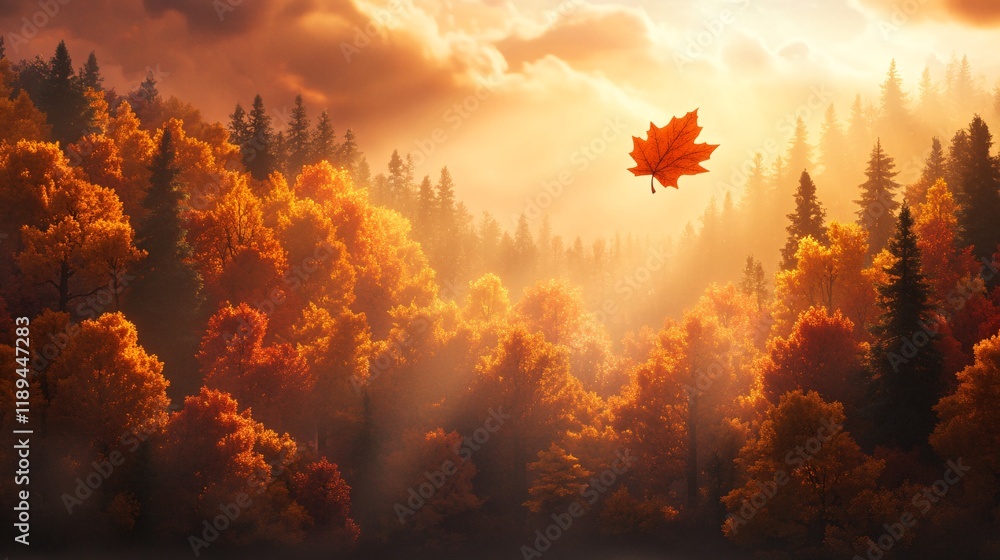 Autumn Forest with Floating Maple Leaf Autumn Forest with Floating Maple Leaf