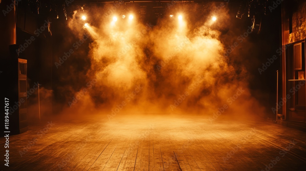 Fototapeta premium A theatrical stage covered in a thick mist, illuminated by warm golden light