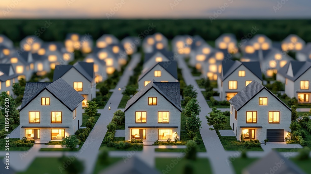 Modern Suburban Homes at Dusk with Warm Glow Modern Suburban Homes at Dusk with Warm Glow