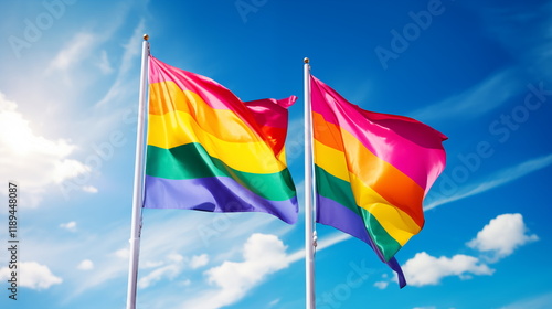 Pride theme, rainbow flag, LGBTQ+ waving proudly, blue sky photo