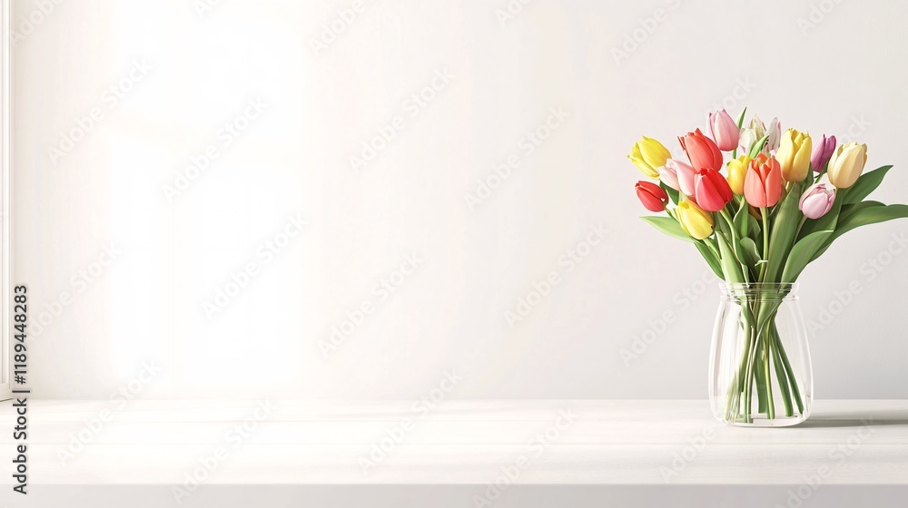 Naklejka premium Colorful Tulip Bouquet in Glass Vase