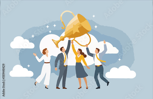 Business Team Success. Vector illustration in flat style of a diverse group of people in business suits in full growth with a large golden cup in their raised up hands. Isolated on background.