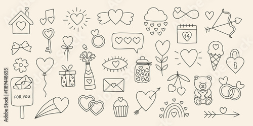 Valentines day doodle big set with hearts. Love romantic hand drawn sketch. Vector icon