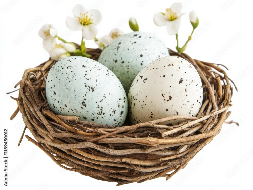 close up of three speckled eggs in a bird's nest with white flowers close up of three speckled eggs in a bird's nest with white flowers