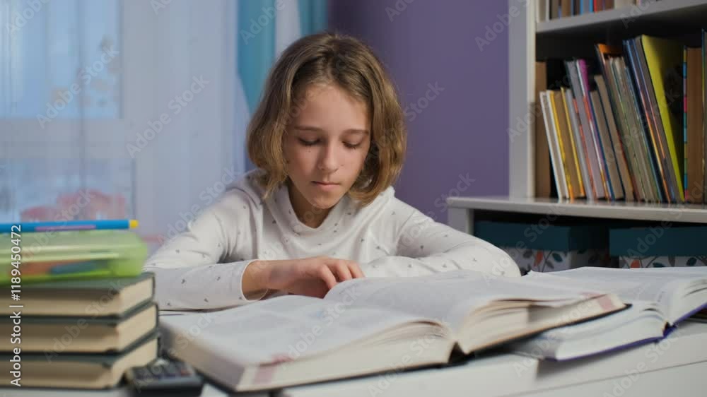 Young girl feels overwhelmed while surrounded by her books and study materials during the evening. Clutching her head, she struggles to finish her homework with numerous tasks left unresolved Young girl feels overwhelmed while surrounded by her books and study materials during the evening. Clutching her head, she struggles to finish her homework with numerous tasks left unresolved