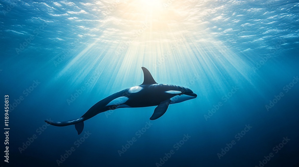 Fototapeta premium Orca swimming underwater with sunlight rays