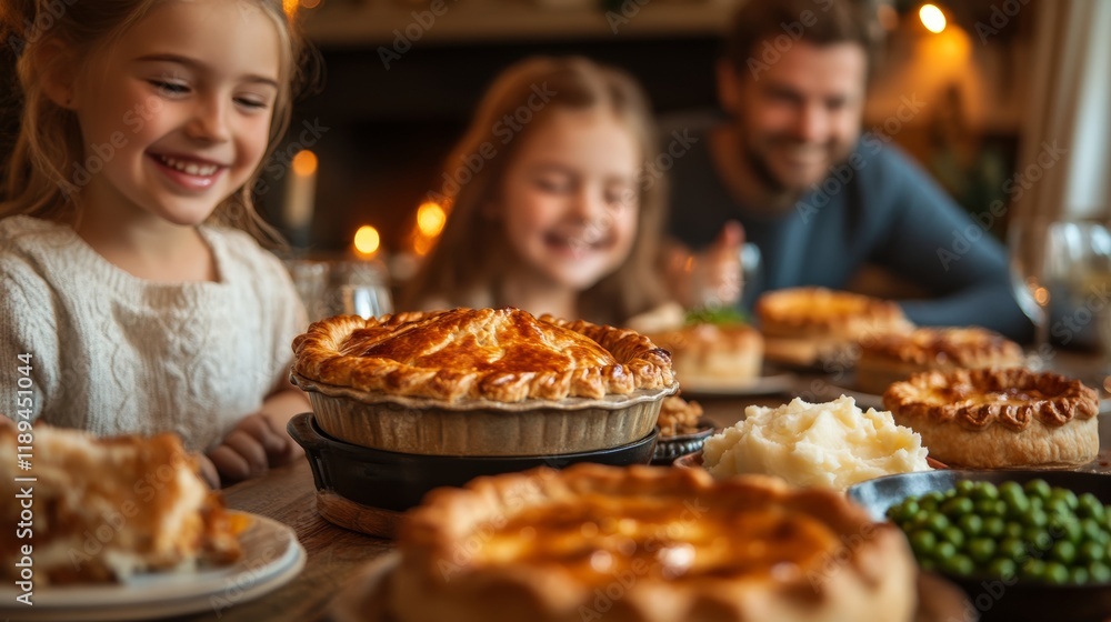 Happy Family Enjoying a Cozy Meal with Homemade Pies on British Pie Week 7 Happy Family Enjoying a Cozy Meal with Homemade Pies on British Pie Week 7