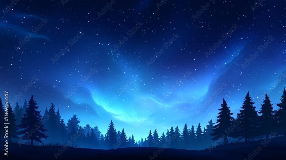 Naklejka premium Serene Night Sky Over a Silhouetted Forest