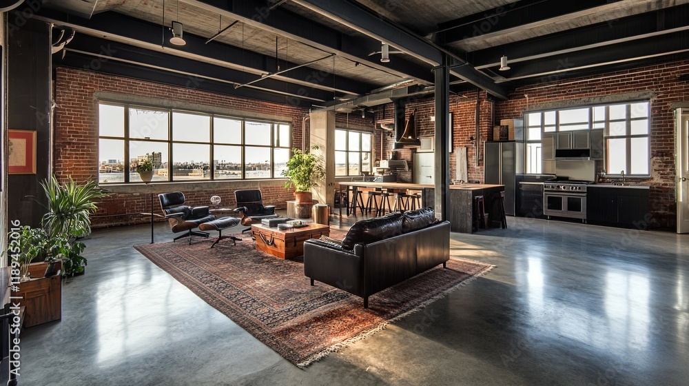 Industrial Loft Living Room: Sunlit Brick, Polished Concrete, and Mid-Century Modern Design Industrial Loft Living Room: Sunlit Brick, Polished Concrete, and Mid-Century Modern Design