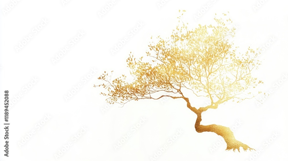 Obraz premium A solitary tree with golden leaves against a white background, symbolizing tranquility and beauty.