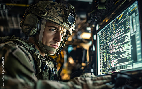 U.S. Army communication officer operating advanced technology in a tactical environment, wearing military gear and headset, with high-tech equipment and dim, strategic lighting photo