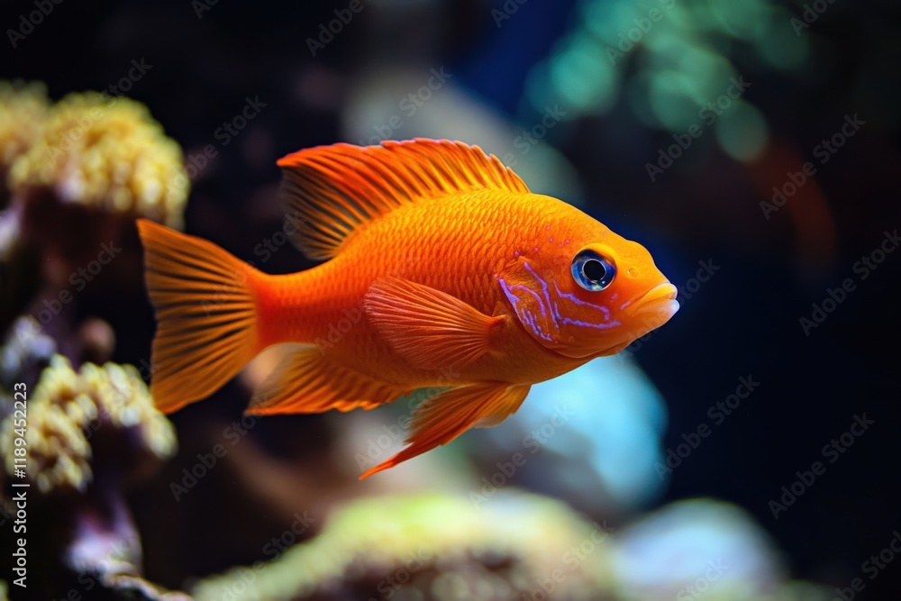 a vibrant orange fish swims in an aquarium a vibrant orange fish swims in an aquarium