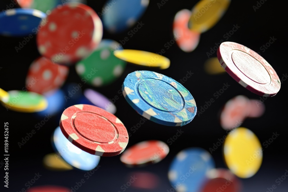 casino chips falling against a dark background casino chips falling against a dark background