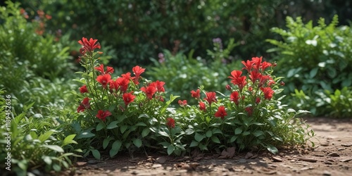 Wallpaper Mural A single red-flowered Campanita Penstemon growing amidst a carpet of green foliage, with a few stray leaves and twigs surrounding it, wildflowers, red flowers Torontodigital.ca