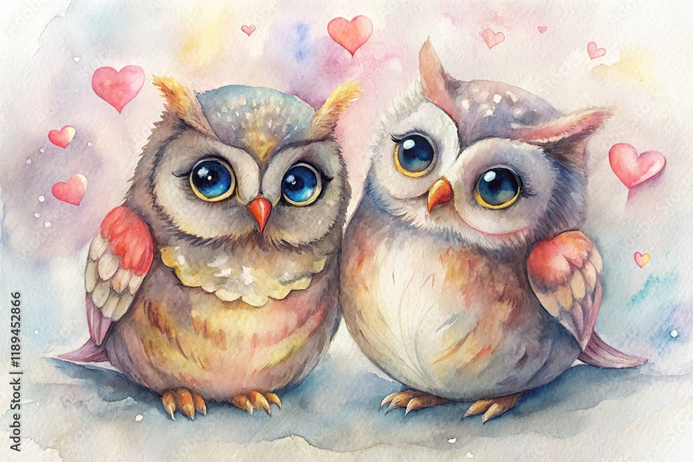 Fototapeta premium Loving Owl Couple Watercolor Painting - Two adorable owls, hearts, love, affection, tenderness. A sweet watercolor painting.