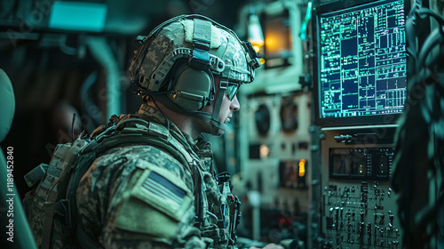 U.S. Army communication officer operating advanced technology in a tactical environment, wearing military gear and headset, with high-tech equipment and dim, strategic lighting photo