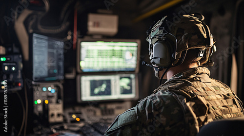 U.S. Army communication officer operating advanced technology in a tactical environment, wearing military gear and headset, with high-tech equipment and dim, strategic lighting photo