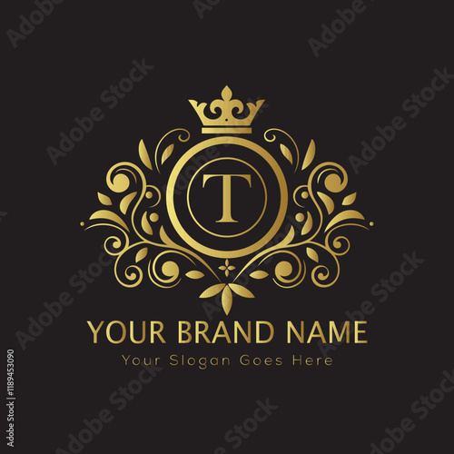 Letter Luxury brand logo design with a royal gold crown emblem and elegant typography
